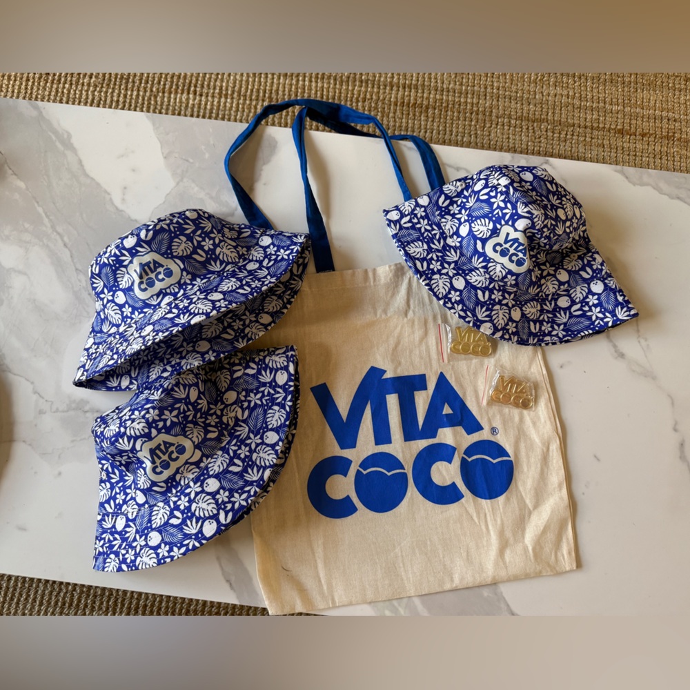 *SOLD* Vita Coco Bucket Hats L/XL , Collectible Pins and Tote